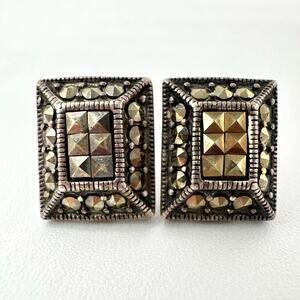 Marcasite Rhinestone 925 Silver Art Deco Revival Rectangle Earrings Tested